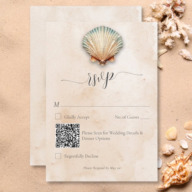 Cartão RSVP Código QR de Casamento de Seashell Costeiro Modern (Modern Coastal Seashell Sand Wedding QR Code RSVP Card)