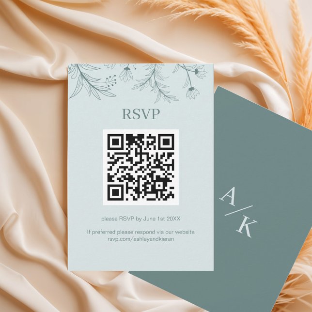 Cartão RSVP Código QR de Casamento de Teal Floral Elegante (Criador carregado)