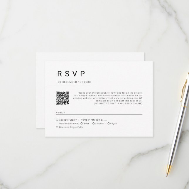 Cartão RSVP Código QR de Casamento de Tupografia de Script Mín (Frente/Verso In Situ)
