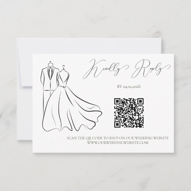 Cartão RSVP Código QR de Casamento de Vestido e Tux B&W Elegan (Frente)