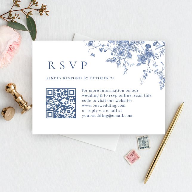 Cartão RSVP Código QR de Casamento do Jardim Francês Azul Eleg (Criador carregado)