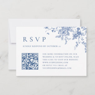 Cartão RSVP Código QR de Casamento do Jardim Francês Azul Simp