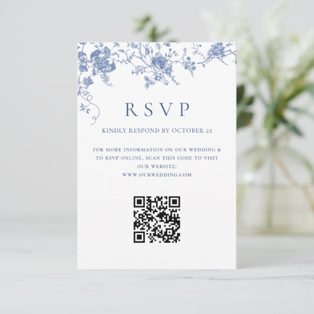Cartão RSVP Código QR de Casamento do Jardim Francês Azul Simp (Em pé/Frente)