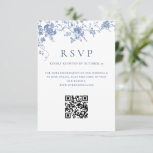 Cartão RSVP Código QR de Casamento do Jardim Francês Azul Simp