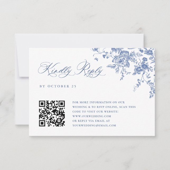 Cartão RSVP Código QR de Casamento do Jardim Francês Azul Simp (Frente)