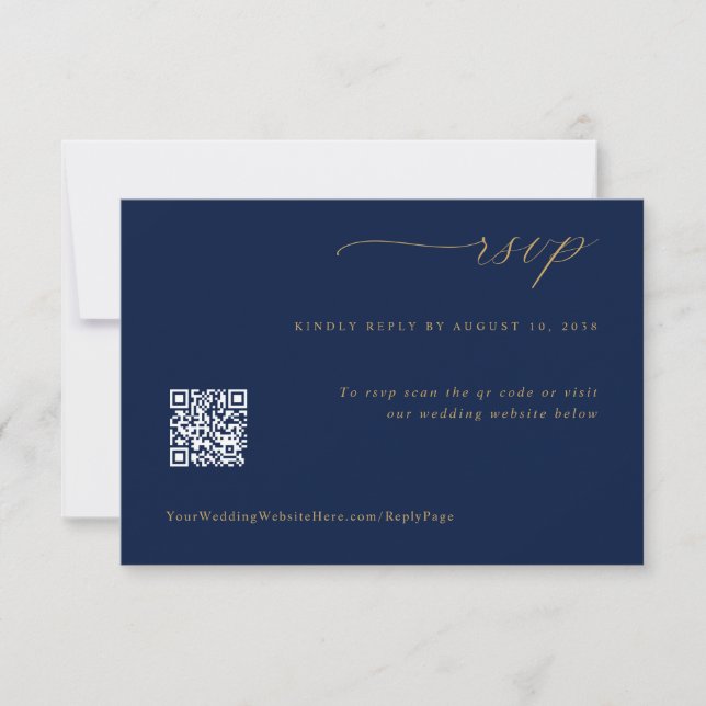 Cartão RSVP Código QR de Casamento Dourado Azul de Marinho Rom (Frente)