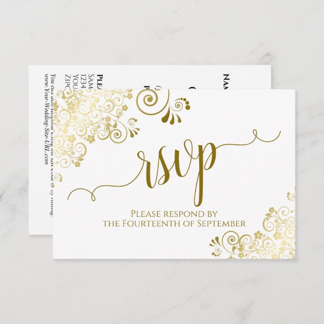 Cartão RSVP Código QR de Casamento Dourado Elegante e Caligraf (Frente/Verso)