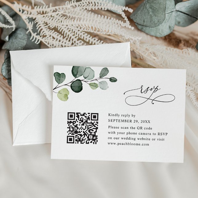 Cartão RSVP Código QR de Casamento Elegante Eucalyptus Greener (Criador carregado)