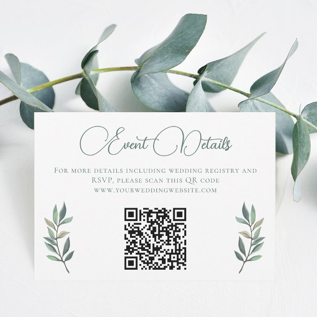 Cartão RSVP Código QR de Casamento Elegante Eucalyptus Leaf (Criador carregado)