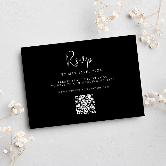 Cartão RSVP Código QR de Casamento Elegante Mínimo Negro (Criador carregado)