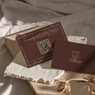 Cartão RSVP Código QR de casamento em chocolate marrom floral