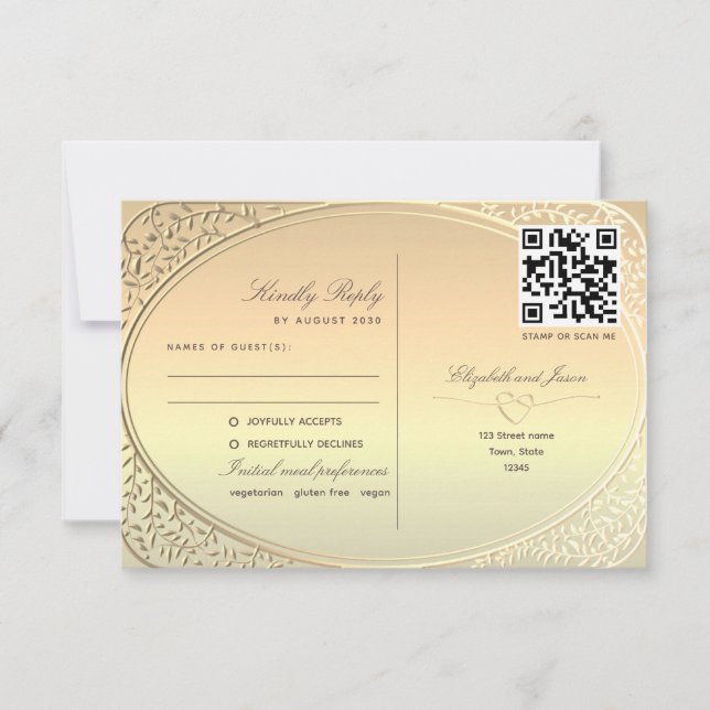 Cartão RSVP Código QR de Casamento em Ouro de Dupla Função (Frente)