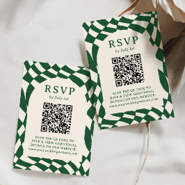 Cartão RSVP Código QR de casamento em xadrez verde retrô