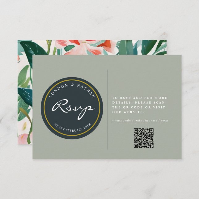 Cartão RSVP Código QR de Casamento Flamental Botânico Vibrante (Frente/Verso)