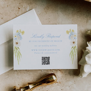 Cartão RSVP Código QR de Casamento Floral Amarelo Manteiga Azu