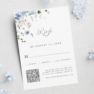 Cartão RSVP Código QR de Casamento Floral Azul Branco Verde El