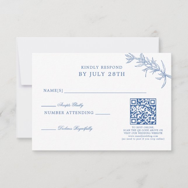 Cartão RSVP Código QR de Casamento Floral Azul Clássico Elegan (Frente)