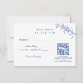 Cartão RSVP Código QR de Casamento Floral Azul Clássico Elegan