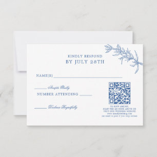 Cartão RSVP Código QR de Casamento Floral Azul Clássico Elegan