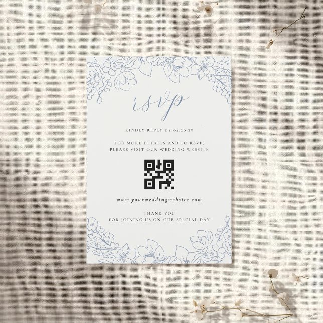 Cartão RSVP Código QR de casamento floral azul delicado para R (Criador carregado)