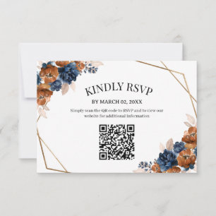 Cartão RSVP Código QR de Casamento Floral Azul Terracota