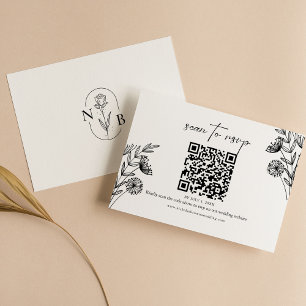 Cartão RSVP Código QR de Casamento Floral Branco Preto Mínimo