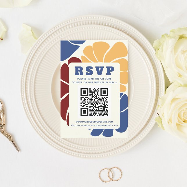 Cartão RSVP CÓDIGO QR de Casamento Floral Chic Groovy Boho (Retro Groovy Boho Chic Floral Wedding QR CODE RSVP Card)