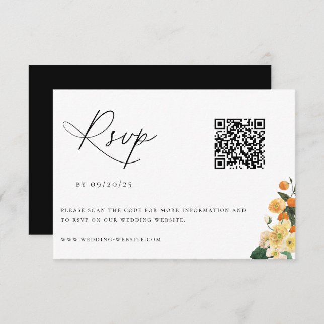 Cartão RSVP Código QR de Casamento Floral Citrus Orange (Frente/Verso)