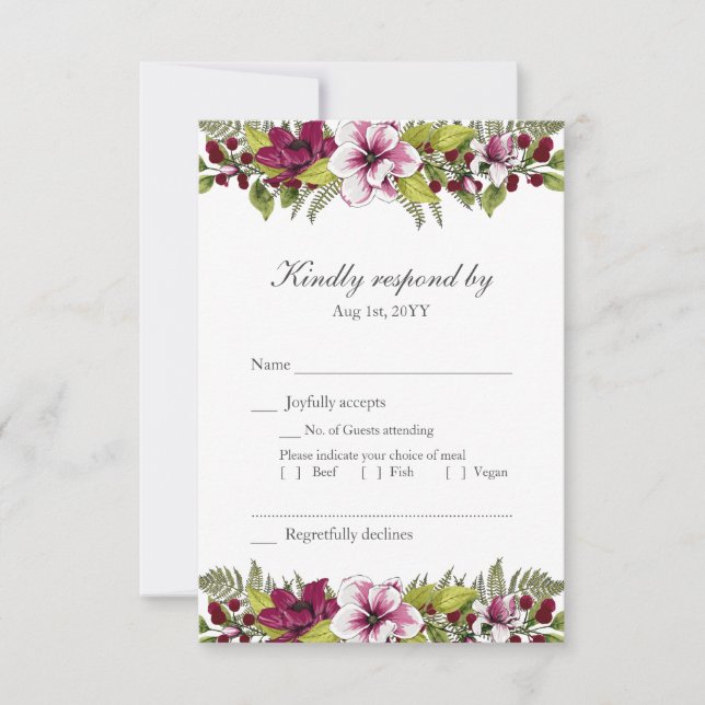 Cartão RSVP Código QR de Casamento Floral da Elegante Burgundy (Frente)