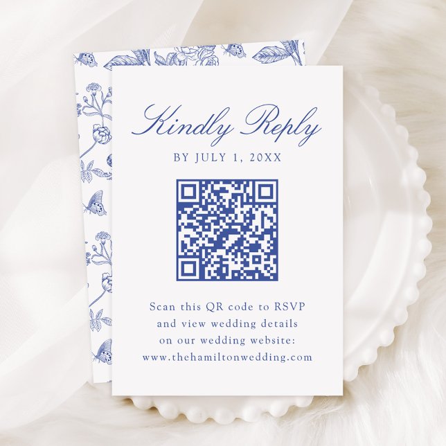 Cartão RSVP Código QR de Casamento Floral de Chinoiserie Azul  (Criador carregado)