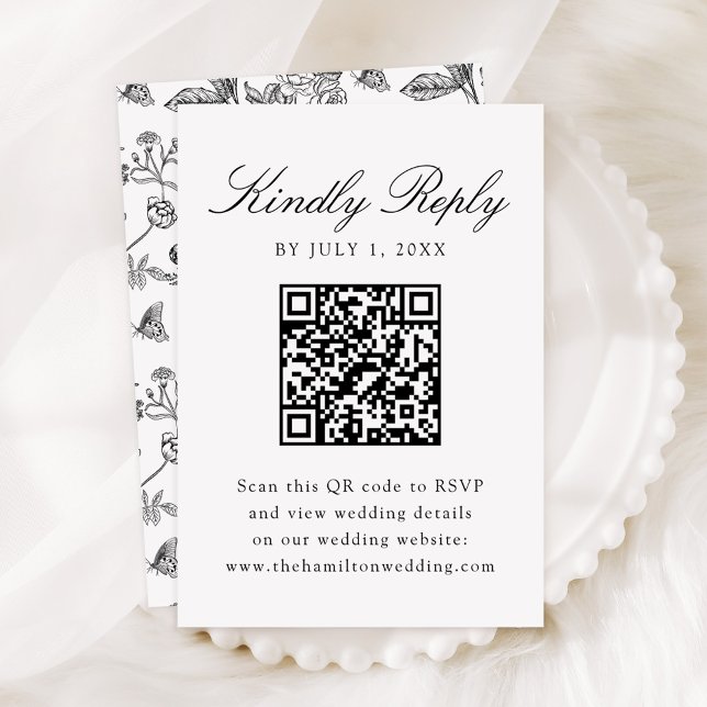 Cartão RSVP Código QR de Casamento Floral de Chinoiserie Preta (Criador carregado)