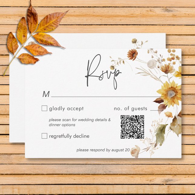 Cartão RSVP Código QR de Casamento Floral de Fall Delicada Rús (Rustic Delicate Fall Floral Wreath Wedding QR Code RSVP Card)