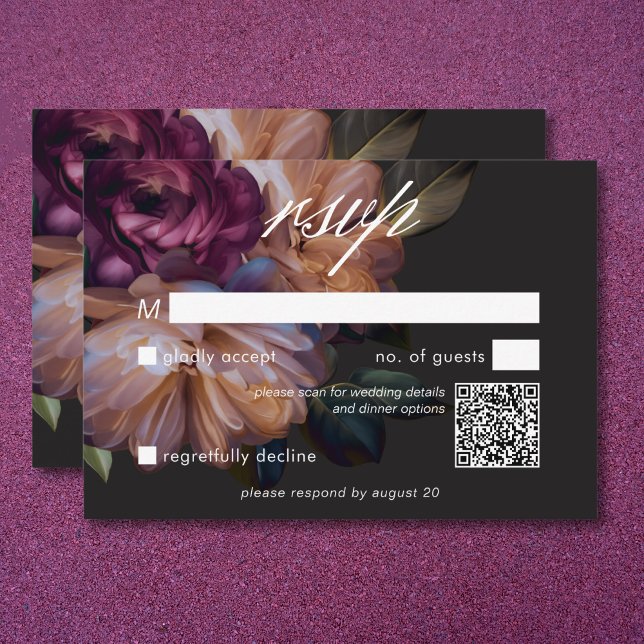 Cartão RSVP Código QR de Casamento Floral de Moody Negra Elega (Elegant Black Moody Floral Wedding QR Code RSVP Card)