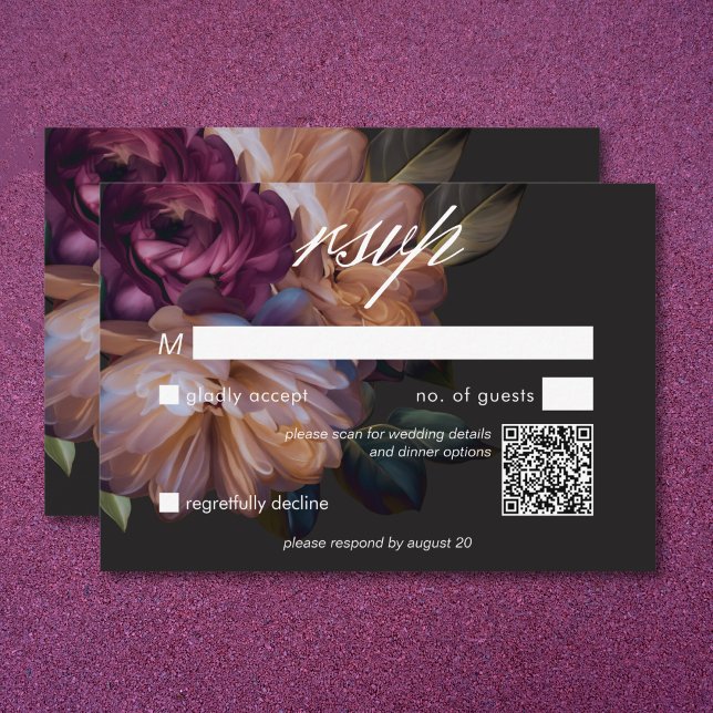 Cartão RSVP Código QR de Casamento Floral de Moody Negra Elega (Elegant Black Moody Floral Wedding QR Code RSVP Card)