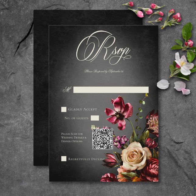 Cartão RSVP Código QR de Casamento Floral de Outono de Blur Es (Dark Elegant Blur Autumn Floral Wedding QR Code RSVP Card)