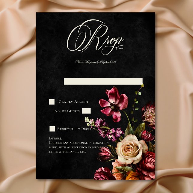 Cartão RSVP Código QR de Casamento Floral de outono de Outono  (Dark Elegant Autumn Floral Wedding QR Code RSVP Card)