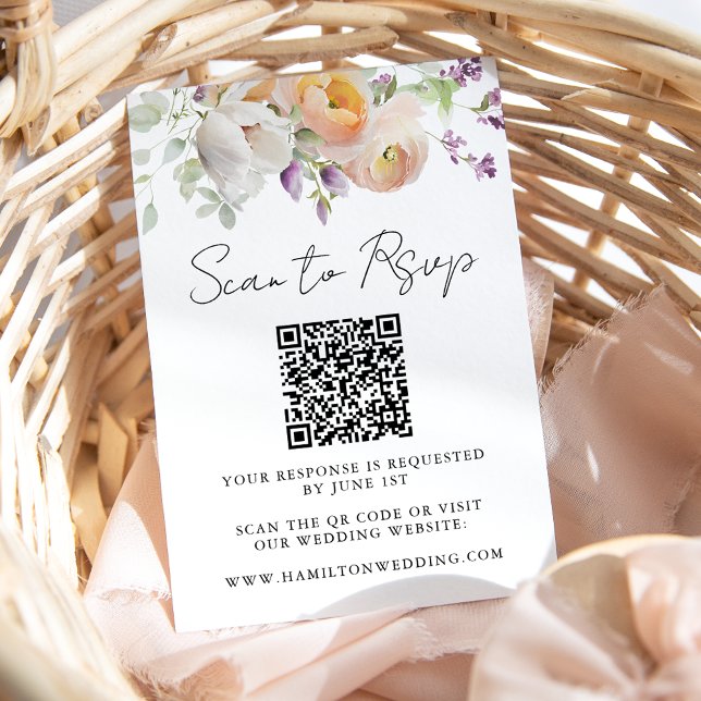 Cartão RSVP Código QR de Casamento Floral de Primavera Delicad (Criador carregado)