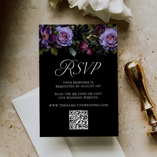 Cartão RSVP Código QR de Casamento Floral de Púrpura Lépida Mo (Criador carregado)