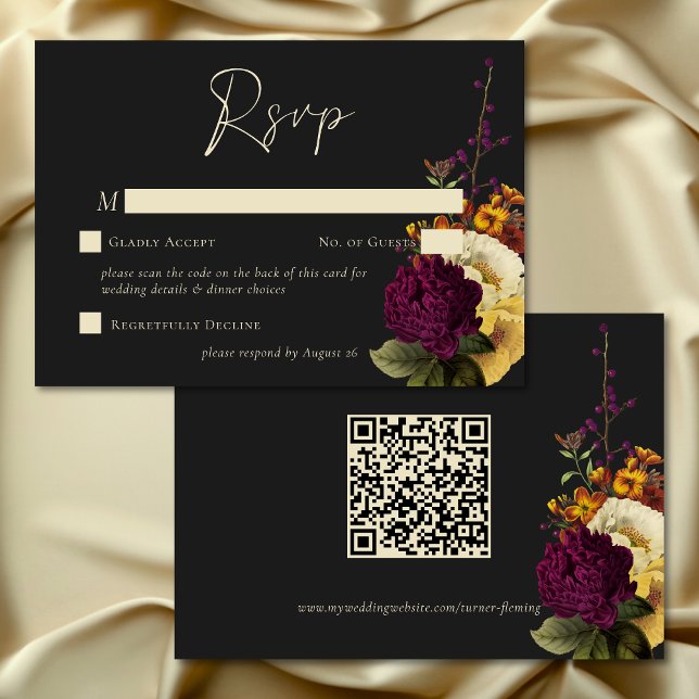 Cartão RSVP Código QR de Casamento Floral do Elegante Moody Je (Elegant Moody Jewel Vintage Floral Wedding QR Code RSVP Card)
