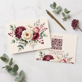 Cartão RSVP Código QR de Casamento Floral Rosa Borgonha em Aqu