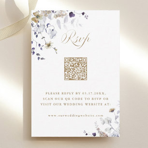 Cartão RSVP Código QR de Casamento Floral Roxo Branco Dourado