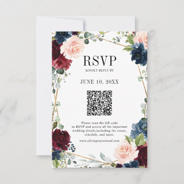 Cartão RSVP Código QR de Casamento Geométrico do Blush Boho Ma (Frente)