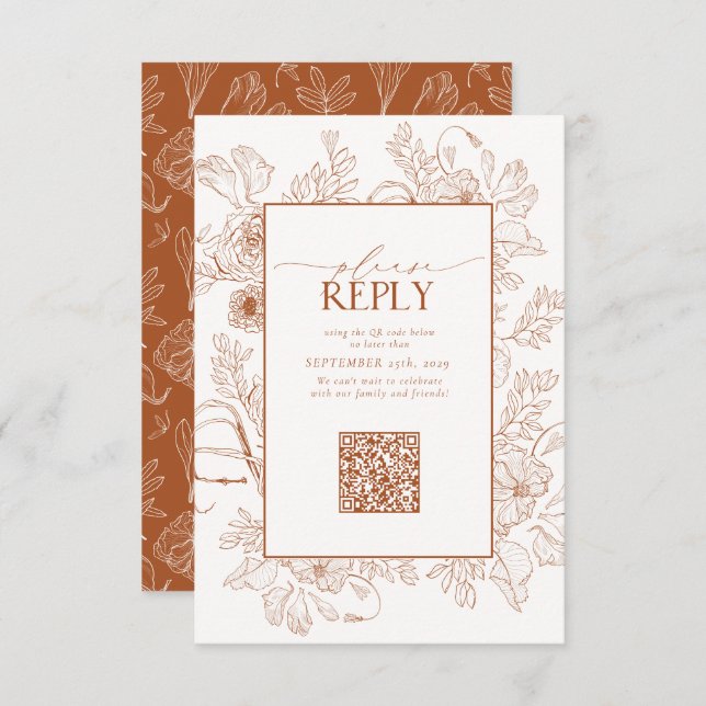 Cartão RSVP Código QR de Casamento Laranja Queimado Elegante P (Frente/Verso)