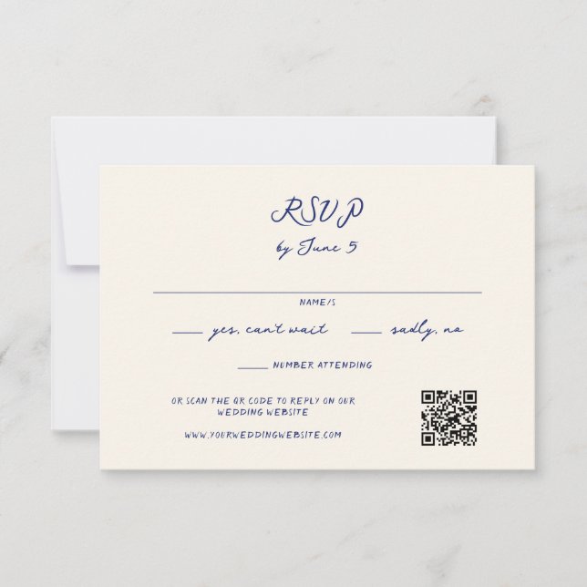 Cartão RSVP Código QR de Casamento Manuscrito Branco Azul (Frente)