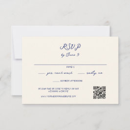 Cartão RSVP Código QR de Casamento Manuscrito Branco Azul