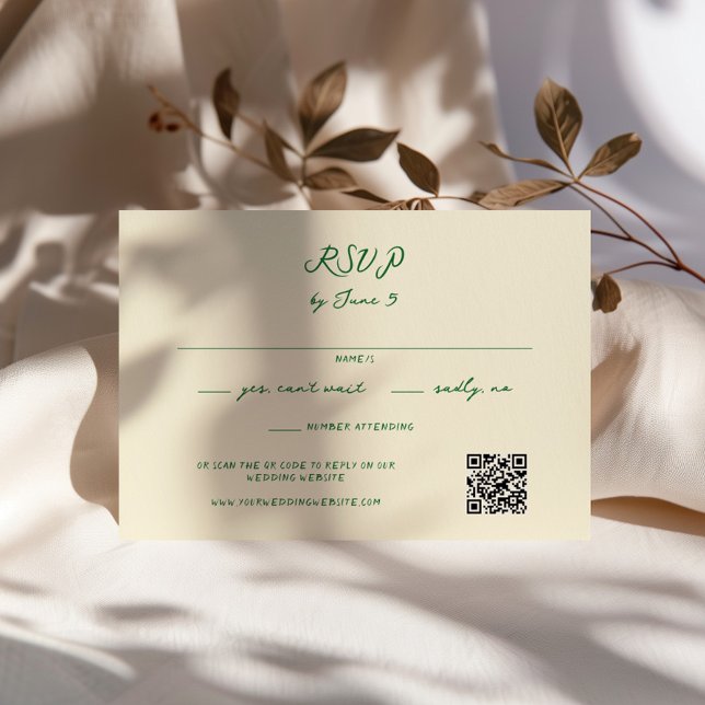 Cartão RSVP Código QR de Casamento Manuscrito Branco Verde (Criador carregado)