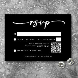 Cartão RSVP Código QR de Casamento Mínimo de Script Branco Pre