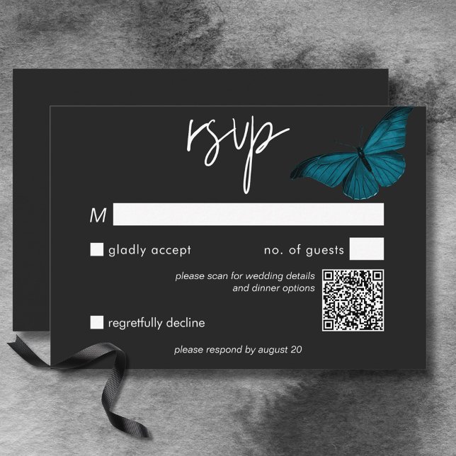 Cartão RSVP Código QR de Casamento Mínimo de Teal Mínimo Escur (Dark Moody Minimal Teal Moth Wedding QR Code RSVP Card)