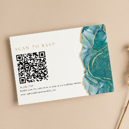 Cartão RSVP Código QR de Casamento Moderno Ágata Dourada Turqu