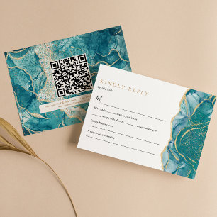 Cartão RSVP Código QR de Casamento Moderno Ágata Dourada Turqu